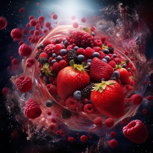 A vortex of Pomegranate seeds, strawberries and raspberries and grapes in the Milky Way Twilight captured by NASA--ar 16:10