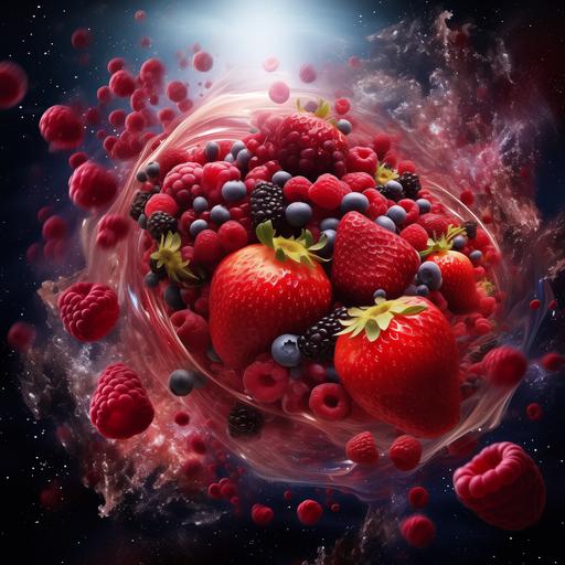 A vortex of Pomegranate seeds, strawberries and raspberries and grapes in the Milky Way Twilight captured by NASA--ar 16:10