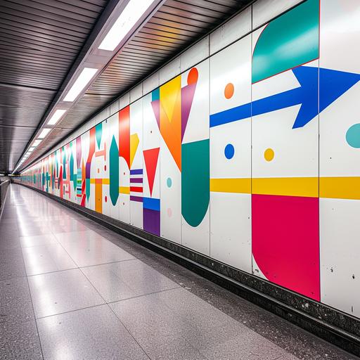 A wall in a subway station covered with self-adhesive vinyl with colorful graphics and an arrow in the direction of subway travel. --v 6.0