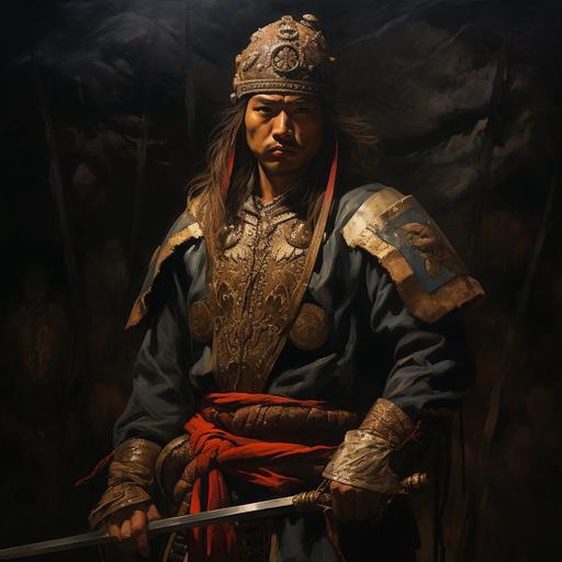 A warrior in traditional costume, armed with a sword, is dashing, Dark moody lighting, High and short depth of field, pastel drawing, 64K, high resolution --v 5.2
