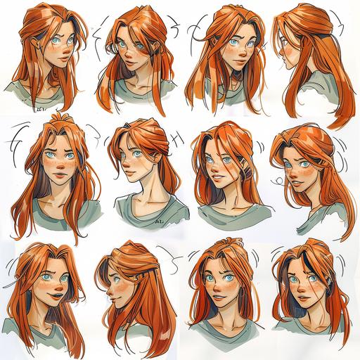 A watercolor painted-cartoon style character-design-sheet of many poses for of a stunning beautiful woman, 25 years old. Stunning beauty, light green eyes, and some prickles on her face. Hair between red and brown. Consistent Character from many angles.