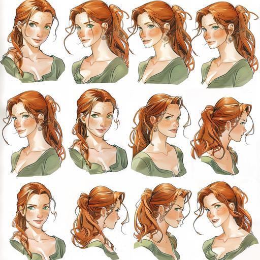 A watercolor painted-cartoon style character-design-sheet of many poses for of a stunning beautiful woman, 25 years old. Stunning beauty, light green eyes, and some prickles on her face. Hair between red and brown. Consistent Character from many angles. --v 6.0