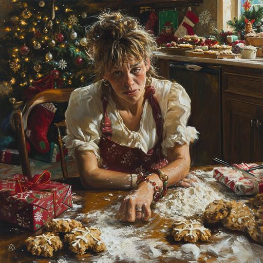 A weary-looking mother in a chaotic kitchen scene, capturing the essence of exhaustion from trying to plan the perfect Christmas. She is surrounded by half-decorated cookies, with flour scattered messily on the floor. The kitchen table is cluttered, showcasing a pile of unwrapped Christmas presents amidst the baking chaos. The mother is depicted with an expression of tiredness, yet a hint of joy, emphasizing the love behind her efforts. The kitchen should have a warm, homely feel, with Christmas decorations visible in the background --v 6.0