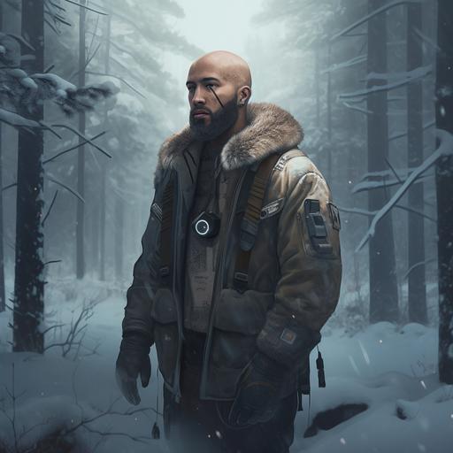 A weathered and tough looking mixed race man with a shaved head and a beard in his mid 30s stands in a snow covered forest at dusk, he is a futuristic warrior in minimalistic mercenary cyberpunk clothes and the aestetic is modern art and digital art with anime features. --v 5.0