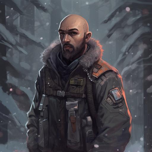 A weathered and tough looking mixed race man with a shaved head and a beard in his mid 30s stands in a snow covered forest at dusk, he is a futuristic warrior in minimalistic mercenary cyberpunk clothes and the aestetic is modern art and digital art with anime features. --v 5.0