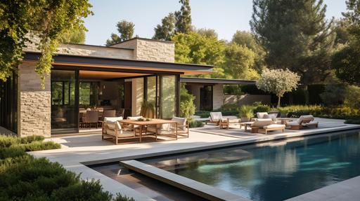 A weekend home with slim canopy, French limestone, textured plasterd walls, unique artworks, vinatage pieces, large 10-foot-tall windows, Brentwood, West L.A., blend of modern and traditional, infintity pool, summer pavilions, harmonious with nature --ar 16:9