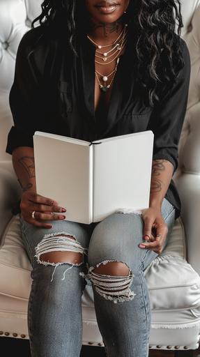 A well lit high definition photo of a black woman sitting in a modern chair wearing black shirt & distressed jeans holding a 6x9 journal with a blank white cover in her lap. overhead over the shoulder view. Hands, book and crossed legs are visible. --style raw --ar 9:16 --v 6.0