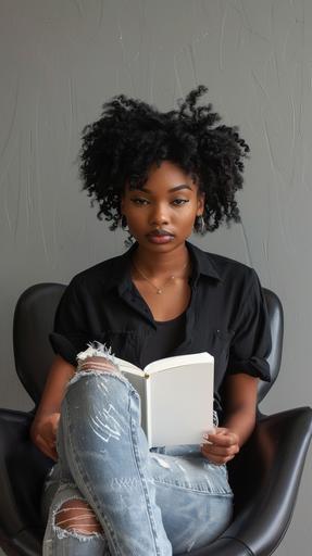 A well lit high definition photo of a black woman sitting in a modern chair wearing black shirt & distressed jeans holding a 6x9 journal with a blank white cover in her lap. overhead over the shoulder view. Hands, book and crossed legs are visible. --style raw --ar 9:16 --v 6.0