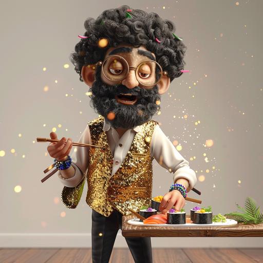 A whimsical 3D portrait render of a curly-haired man with a thick beard and round tinted glasses, wearing a shiny gold sequined vest over a white shirt, black pants and wrist bands, making makis as a japanese chef --cref  --cw 50 --v 6.0