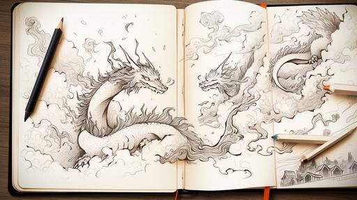 A whimsical scene where a dragon doodle in a notebook begins to come to life, creating a magical effect. The notebook lies open on a desk, with various sketches and notes. The dragon, drawn in a playful and imaginative style, seems to be lifting off the paper, with its wings, tail, and head extending into the air. The rest of the notebook's page is filled with other small doodles and notes, but the dragon is the centerpiece, appearing as if it's about to fly out of the notebook. --ar 16:9 --niji