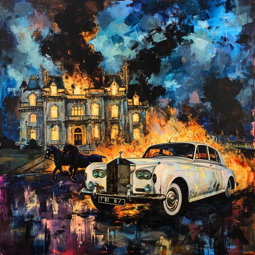A white Rolls Royce 1960 model car is on fire in front of a large mansion and smokes rising, black horses with burning hair are running, abstract art style, Black and bright colors dominate, 20th century artwork, detailed drawing, night and sky black and blue, 16k, --v 6.0