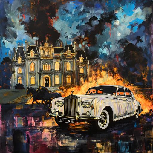 A white Rolls Royce 1960 model car is on fire in front of a large mansion and smokes rising, black horses with burning hair are running, abstract art style, Black and bright colors dominate, 20th century artwork, detailed drawing, night and sky black and blue, 16k, --v 6.0
