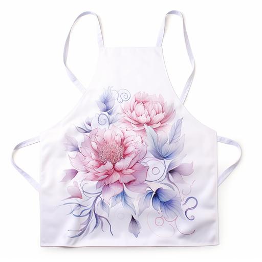 A white apron with a softer pattern of pink, purple and blue watercolor painted flowers. Has the word 