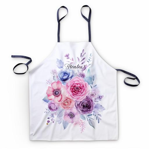 A white apron with a softer pattern of pink, purple and blue watercolor painted flowers. Has the word 