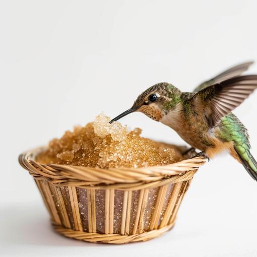 A white background photo for Instagram with brown sugar and a hummingbird bird pecking at the brown sugar in a small basket.