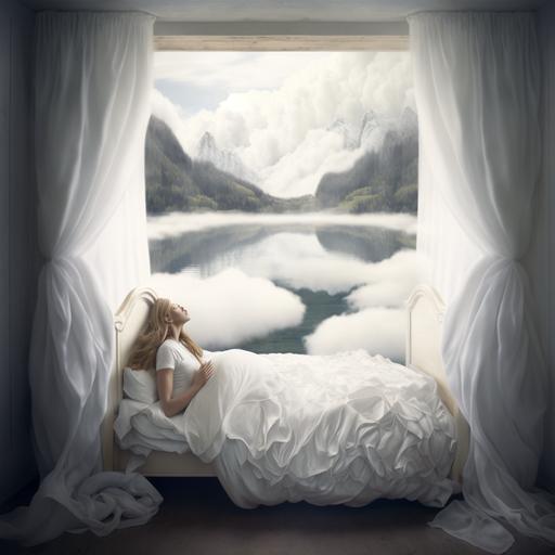 A white bedroom with a curtain of my imagination overlooking a white lake and a beautiful girl sleeping on a white wooden bed