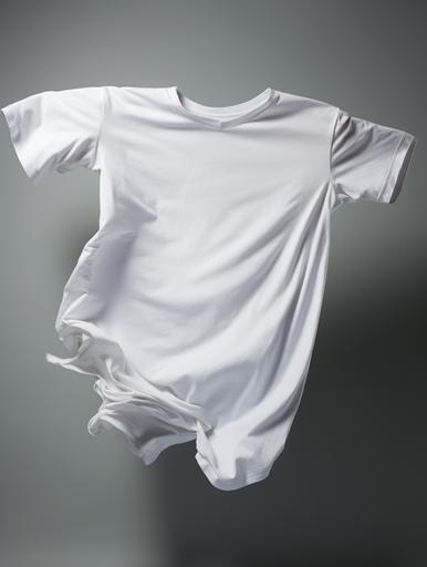 A white crumpled T-shirt flies in the air on a gray background, an ultra-realistic subject photo for a poster --ar 3:4