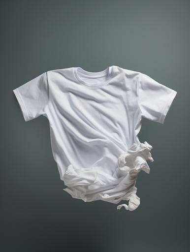 A white crumpled T-shirt flies in the air on a gray background, an ultra-realistic subject photo for a poster --ar 3:4