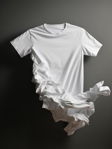 A white crumpled T-shirt flies in the air on a gray background, an ultra-realistic subject photo for a poster --ar 3:4