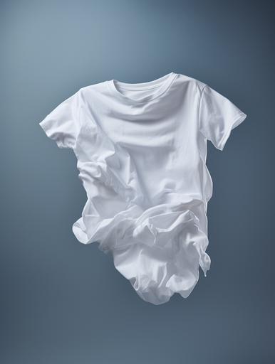 A white crumpled T-shirt flies in the air on a gray background, an ultra-realistic subject photo for a poster --ar 3:4