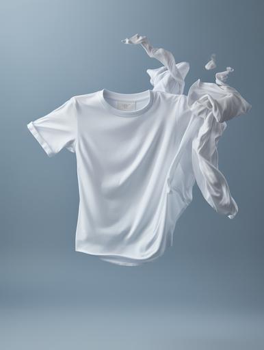 A white crumpled T-shirt flies in the air on a gray background, an ultra-realistic subject photo for a poster --ar 3:4