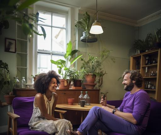 A white man is sitting in an old desk having a talk with a woman black. They are happy, having a mentoring session in an old room, they are sitting in a confort armchair. She is wearing a purple dress and he is wearing a purple tshirt. They are in an old office of 1970, with a lot of plants. They also are drinking a coffe. Use wide angle, grainy photo style, 1970s era and a lot of day light in the room. Use golden yellow collor only in the details