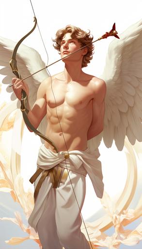 A white-skinned male angel in a flat cartoon style, bow and arrow in hand --s 50 --aspect 4:7 --version 5.2 --stop 80