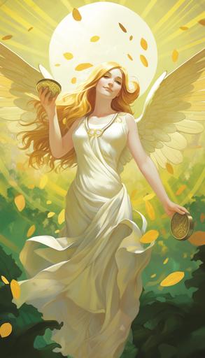 A white-skinned woman angel in a flat cartoon style, gold coin in her hand, surrounded by a shimmering aura, floats above a lush landscape, holding a large bright gold coin in her hand prominently, green dress. --s 50 --aspect 4:7 --version 5.2 --stop 80