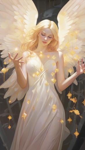A white-skinned woman angel in a flat cartoon style, rain of golden lights and sparkling gems from her hands, --s 50 --aspect 4:7 --version 5.2 --stop 80