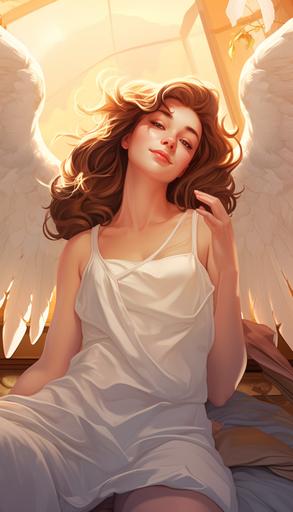 A white-skinned woman angel in a flat cartoon style, waking up in a bed with the sun rising. hair brown --s 50 --aspect 4:7 --version 5.2 --stop 80