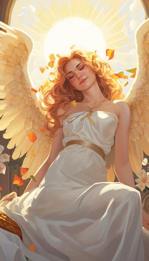 A white-skinned woman angel in a flat cartoon style, waking up in a bed with the sun rising. --s 50 --aspect 4:7 --version 5.2 --stop 80
