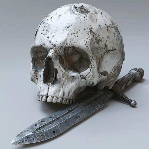 A white skull with an iron dagger stabbed into the top of it. Hyper-realism. Photorealistic. Canon camera. --v 6.0 --s 250 --style raw