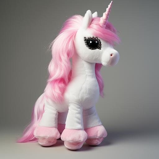 A white stuffed plush animal unicorn toy with pink legs, soft, pink unicorn horn, pink tail, high-angle, white and light magenta, pink sclera, black iris, black pupil, no lashes, Aurora brand toy style