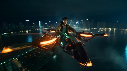 A wide Hyper realistic movie still of a Chinese teenager riding a flying ornithopter speeder, a living vehicle with four long dragonfly wings racing through Shanghai at night, bio-engineering, organic Chinese design, flying speeder, rider is Chinese, very long dragonfly like wings, bio-tech, hybrid, anime, sci-fi, David Fincher, atmospheric, Roger Deakins cinematic, trending on artstation --ar 16:9