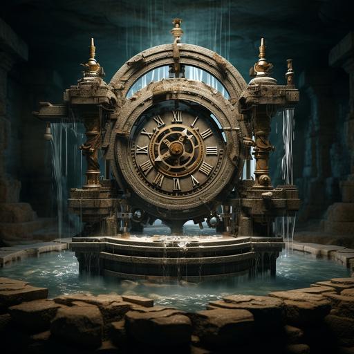 A wide-angle shot of an ancient Roman water clock, with water flowing through its intricate gears and mechanisms. ultra-realistic HD, very cinematic lighting, ultra-detailed, photo - real, 8K,