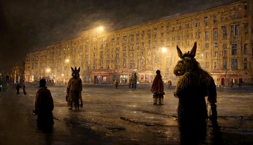 A wide empty square in Saint Petersburg Russia, no people on the street, a person in donkey head costume (from Shrek) standing in center, looking at us. Horror style, photorealistic, ultra detailed --ar 16:9