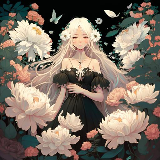 A wide garden full of flowers of different colors. The flowers have small white wings. And standing in the middle of the garden is a girl with long white hair. She wears a long black dress that looks like waves.Barefoot has beautiful bangs and long black eyelashes. She smiles. She has pretty white teeth and pretty rosy cheeks--v4