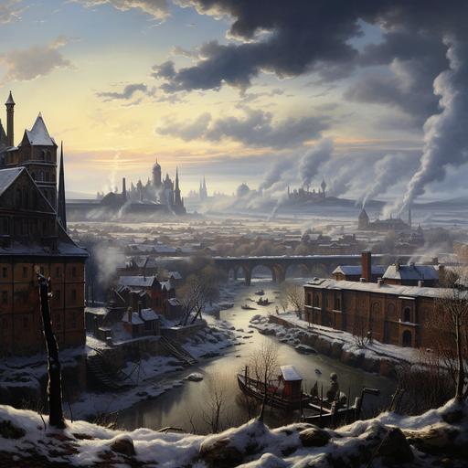A wide landscape painting of a vast gothic architecture city with eastern european vibes during the day in winter at the height of the industrial revolution/Victorian Era, sitting on 3 hills with a river running through its center and canals bring in products from smoke billowing factories that have been built into the old buildings. On the crest of one of the hills is a royal palace that looks far more lucurios than the dirty overly populated city. Edinburgh, st. petersburg russia, and Budapest are inspirations.