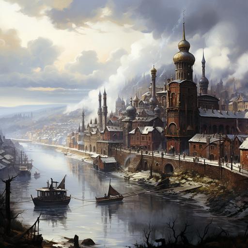A wide landscape painting of a vast gothic architecture city with eastern european vibes during the day in winter at the height of the industrial revolution/Victorian Era, sitting on 3 hills with a river running through its center and canals bring in products from smoke billowing factories that have been built into the old buildings. On the crest of one of the hills is a royal palace that looks far more lucurios than the dirty overly populated city. Edinburgh, st. petersburg russia, and Budapest are inspirations.