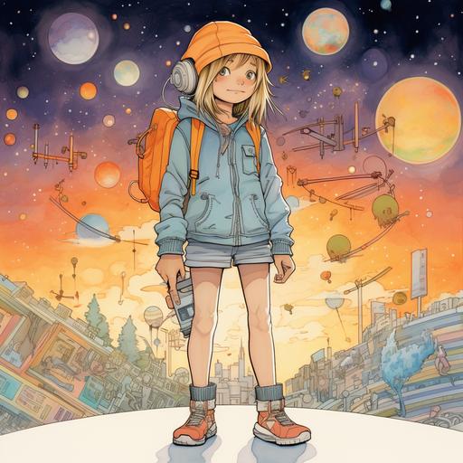 A wide landscape view of a drawing of blonde girl wearing cut off jean shorts, a long sleeve shirt, high top sneakers, and a space helment named Elodie, a 10 year old girl with bright blue eyes and a constellation of freckles across her nose, emerged as a singular thread, woven with hues of uniqueness that set her apart. School days in her small, boring town echoed with reminders of her distinctiveness, and a chorus of girls never hesitated to emphasize her differences. Unwanted whispers became the backdrop of her days, leaving her feeling like an outsider. Seeking solace, she found it at the escarpment's edge, where the earth kissed the sky. Her mind was filled with many questions and a strong desire stirred within her to understand the deeper meaning of her life. In those moments on the escarpment, she had an inner knowing that her journey was destined to be more profound than anyone anticipated. Although she did not quite know how or when it would begin, a transformative journey that would unwrap the cosmic gift of self-discovery quest awaited her. --v 5.2