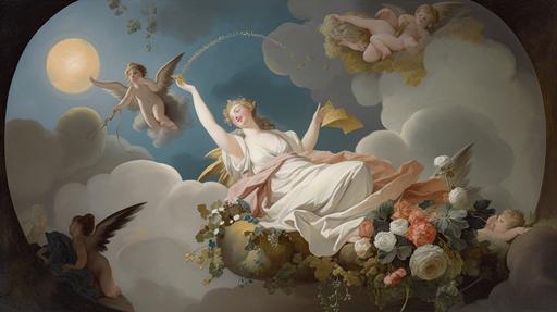 A wide open heavenly scene high in the clouds, Mary as a young woman in a white dress and blue cloak, hands clasped in prayer and eyes upraised, ascending on a crescent moon borne by cherubs, carrying roses, lilies, a palm frond, and a mirror, all references to her purity and martyrdom. The crescent moon is a reference to the description of the woman of the apocalypse, clothed with the sun and the moon under her feet, although in this version Mary (as the woman is often identified) is not crowned or pregnant. The near disappearance of the cherubs at the top of the image have been attributed with an overall sense of weightlessness of the piece.  --ar 16:9 --q 2 --v 5