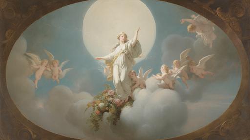 A wide open heavenly scene high in the clouds, Mary as a young woman in a white dress and blue cloak, hands clasped in prayer and eyes upraised, ascending on a crescent moon borne by cherubs, carrying roses, lilies, a palm frond, and a mirror, all references to her purity and martyrdom. The crescent moon is a reference to the description of the woman of the apocalypse, clothed with the sun and the moon under her feet, although in this version Mary (as the woman is often identified) is not crowned or pregnant. The near disappearance of the cherubs at the top of the image have been attributed with an overall sense of weightlessness of the piece. --ar 16:9 --q 2 --v 5