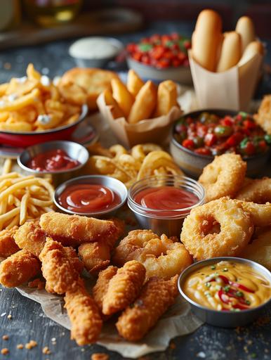 A wide, photorealistic image suitable for a full-page spread in the 'Fast Food Finger Food' chapter of a cookbook, showcasing a vibrant and tempting array of classic fast food-inspired finger foods. The image should capture the essence of indulgent, easy-to-eat treats such as crispy onion rings, golden French fries, mini corndogs, cheesy mozzarella sticks, and bite-sized chicken nuggets. Each item should be attractively arranged to emphasize its unique texture and appeal, with an assortment of small dipping sauces like ketchup, honey mustard, and ranch dressing placed alongside. The presentation should include a variety of casual serving options, such as paper cones, small baskets, and colorful plates, creating a lively and appetizing display. Ensure there's sufficient space to fill the full-page format. The background should be simple and casual, perhaps with a hint of a fast-food restaurant or a home party setting, allowing the focus to remain on the finger foods. Use lighting to highlight the crispy, golden textures and the rich colors of the food, making the spread look irresistibly delicious and perfectly representative of fast food finger foods. --ar 3:4 --s 250 --v 6.0