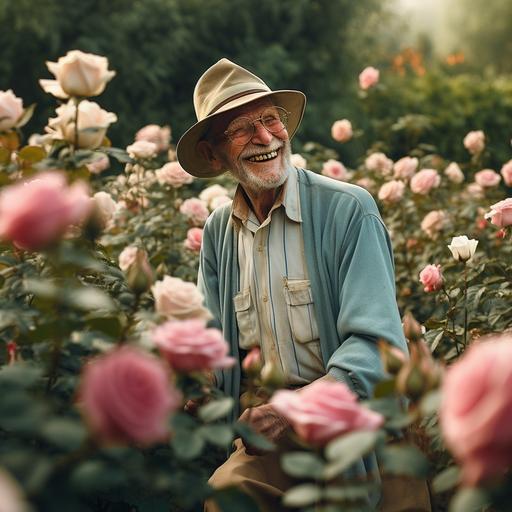 A wide-shot of a beautiful rose garden with an elderly man smiling from ear to ear while prunning his roses. Imagine walking by and seeing him there with pride surrounded by his prize roses . The scene is reminiscent of a Wes Anderson film - a wide shot with pastel colors and a symmetrical background. Take a moment to immerse yourself in this sweet and heartwarming image of a retired father , surrounded by the garden he loves.