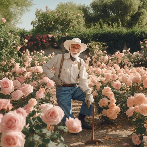 A wide-shot of a beautiful rose garden with an elderly man prunning the roses. Imagine walking by and seeing hime standing there with pride surrounded by his prize roses . The scene is reminiscent of a Wes Anderson film - a wide shot with pastel colors and a symmetrical background. Take a moment to immerse yourself in this heartwarming image of a retired father from Mexico , surrounded by the garden he loves.