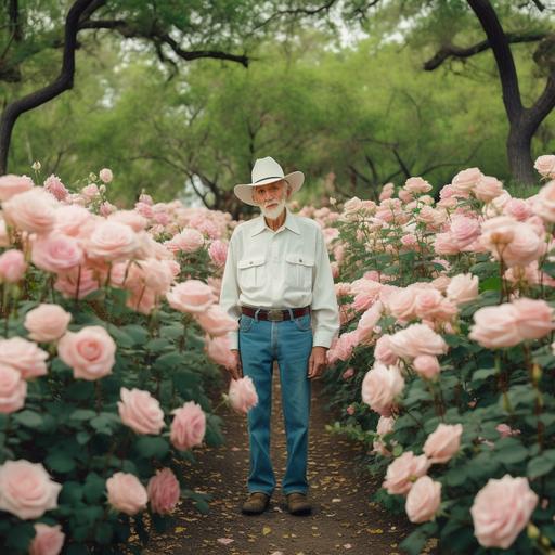 A wide-shot of a beautiful rose garden with an elderly man prunning the roses. Imagine walking by and seeing hime standing there with pride surrounded by his prize roses . The scene is reminiscent of a Wes Anderson film - a wide shot with pastel colors and a symmetrical background. Take a moment to immerse yourself in this heartwarming image of a retired father from Mexico , surrounded by the garden he loves.