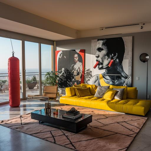 A wide shot of the interior of a modern duplex studio apartment in a middle-class area, with a punching bag in the living room and yellow boxing gloves strewn on the floor, a large painting with the silhouette of the boxer JULIO CESAR CHAVEZ. Located on the 7th floor with a large window showcasing a cityscape reminiscent of CDMX. In the style of Christopher Nolan, featuring a dark and cinematic design, captured in 4K resolution.