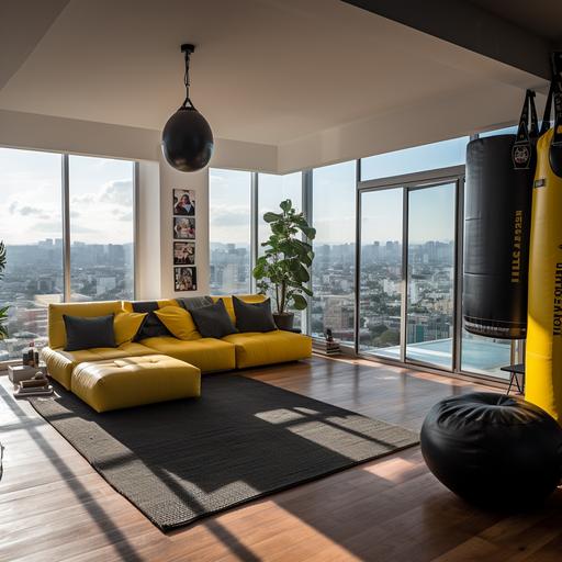 A wide shot of the interior of a modern duplex studio apartment in a middle-class area, with a punching bag in the living room and yellow boxing gloves on the floor. Located on the 7th floor with a large window showcasing a cityscape reminiscent of CDMX. In the style of Christopher Nolan, featuring a dark and cinematic design, captured in 4K resolution.