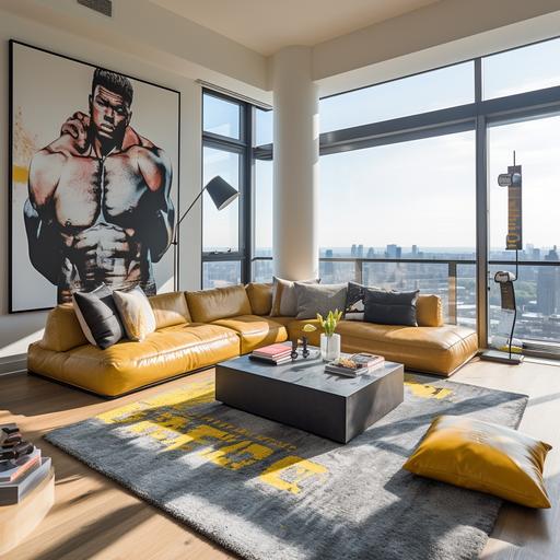 A wide shot of the interior of a modern duplex studio apartment in a middle-class area, with a punching bag in the living room and yellow boxing gloves strewn on the floor, a large painting with the silhouette of a boxer. Located on the 7th floor with a large window showcasing a cityscape reminiscent of CDMX. In the style of Christopher Nolan, featuring a dark and cinematic design, captured in 4K resolution.