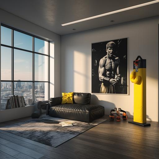 A wide shot of the interior of a modern duplex studio apartment in a middle-class area, with a punching bag in the living room and yellow boxing gloves strewn on the floor, a large painting with the silhouette of A BOXER FIGHTER. Located on the 7th floor with a large window showcasing a cityscape reminiscent of CDMX. In the style of Christopher Nolan, featuring a dark and cinematic design, captured in 4K resolution.